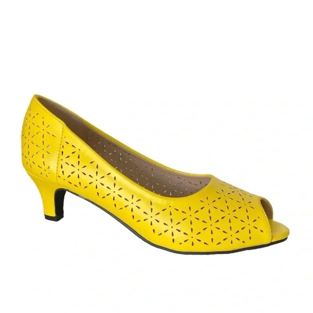 ANGEL FLEX | Carol Yellow Perforated Peep Toe Dressy Kitten Heels